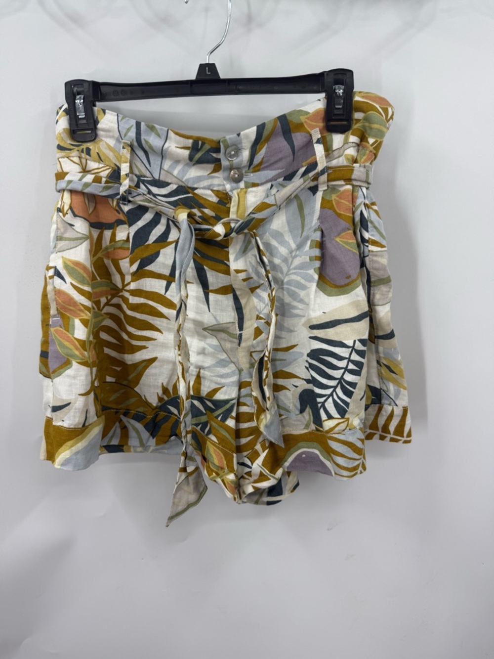C&C California, tropical print linen  high-waisted "paperbag" fit and tie belt L